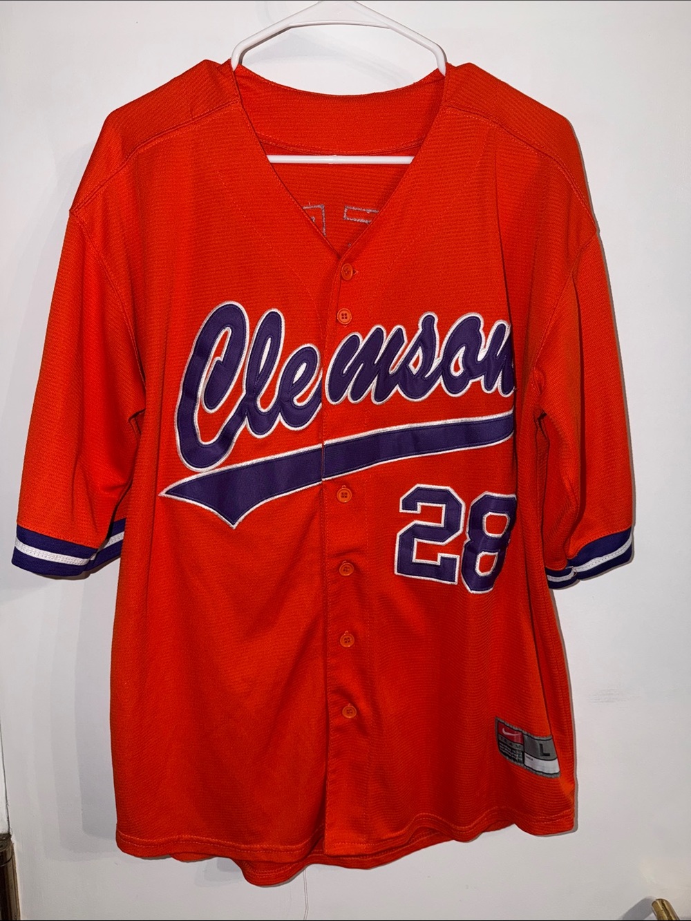 Nike Orange Clemson Button-Up Baseball Jersey with Purple Accents - #28 Like New